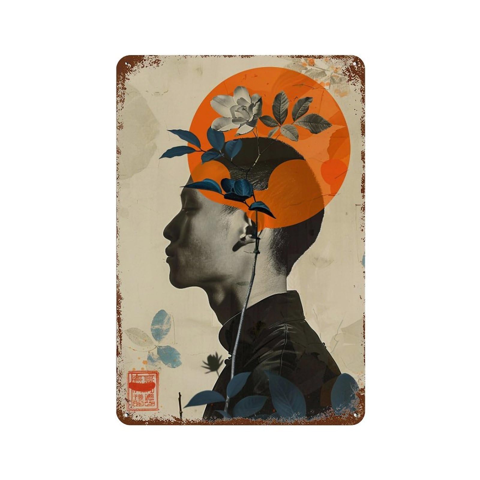 YHGERTKU Floral Surreal Portrait of A Young Man 01 Wall Art Retro Iron Vintage Metal Tin Sign Poster Modern Decor for Living Rooms Gift 30x20cm
