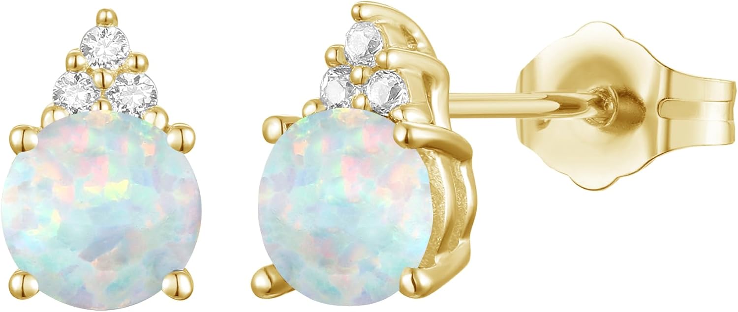 Diamonds and Genuine Gemstone Stud Earrings, 3 Natural Round Shaped Diamonds Set Above a Natural Gemstone, 14K Rose Gold/14K Gold/14K White Gold, 4.5mm Stone (0.03 cttw)