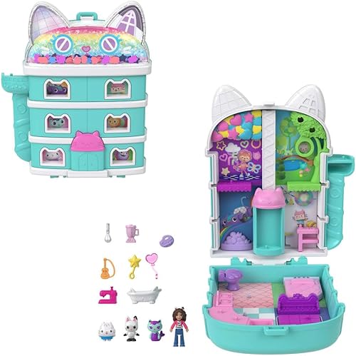 Polly Pocket x Gabby's Dollhouse Compacto, Micro Muñecas y Juego de 9 Accesorios Temáticos, Pandy Paws, Cakey y Mercat Pet Friends