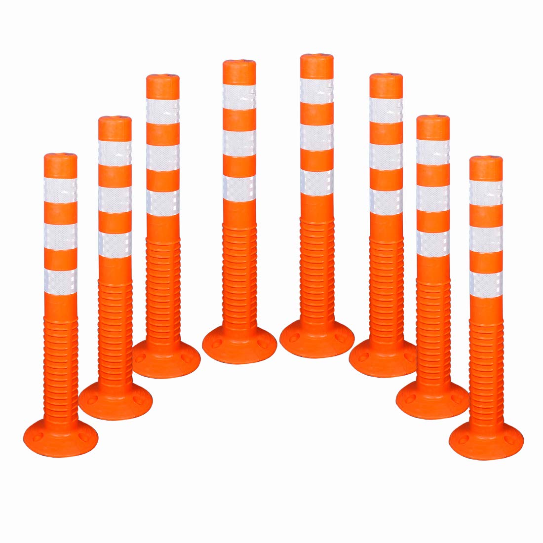 Ladwa Flexible Plastic Spring Post Barrier (Pack of 8) High Grade Elastomeric Polymer Material With 3 White Reflective Tapes Easy To Install Safety T-Top Bollard Barrier Parking Block (Orange)