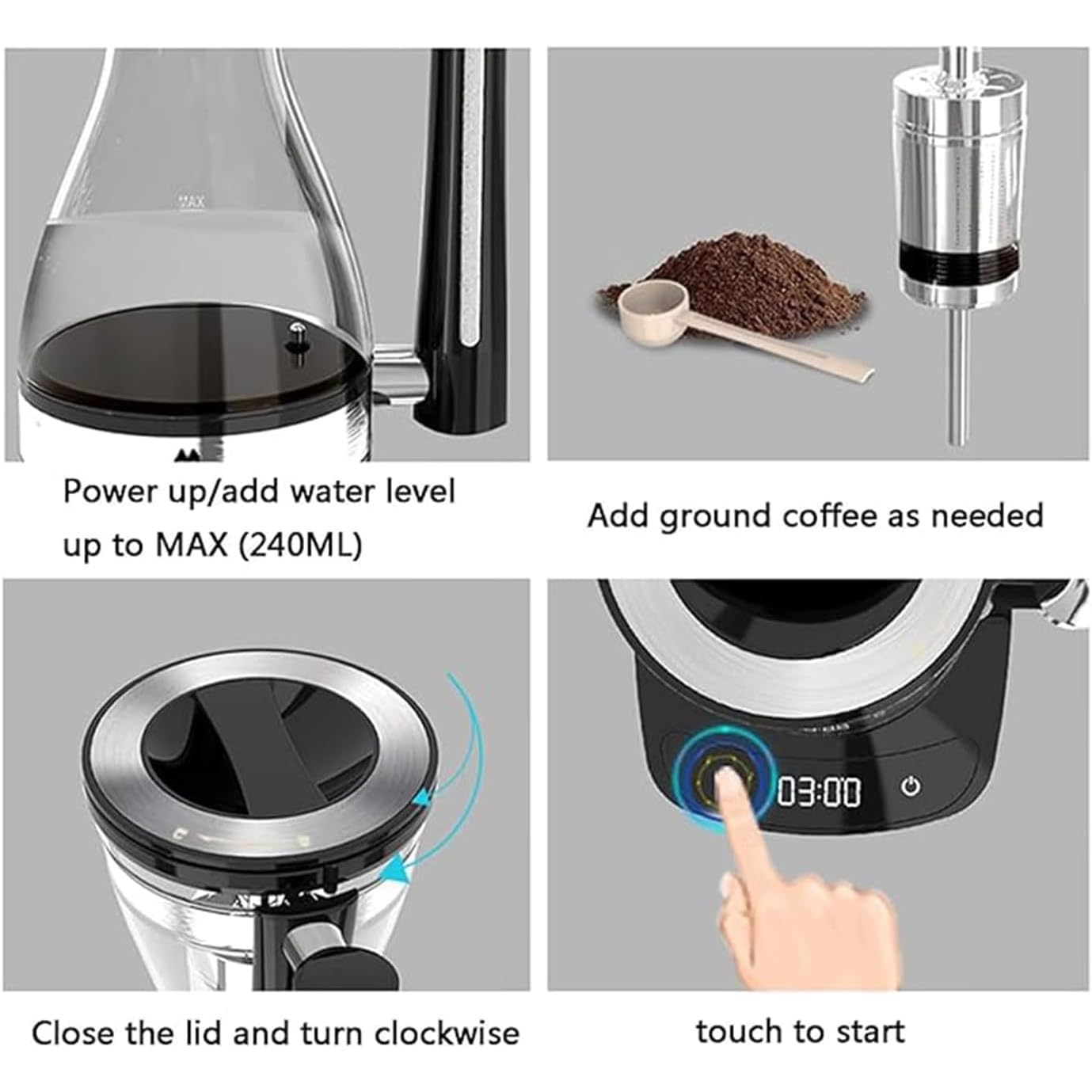 750-W-Glas-Siphon-Kaffeekanne, Elektrische Siphon-Kaffeemaschine, 240 Ml Fassungsvermögen, 3-stufig Einstellbar, Trockengehschutz, Smart Touch, Für Zuhause Und Büro