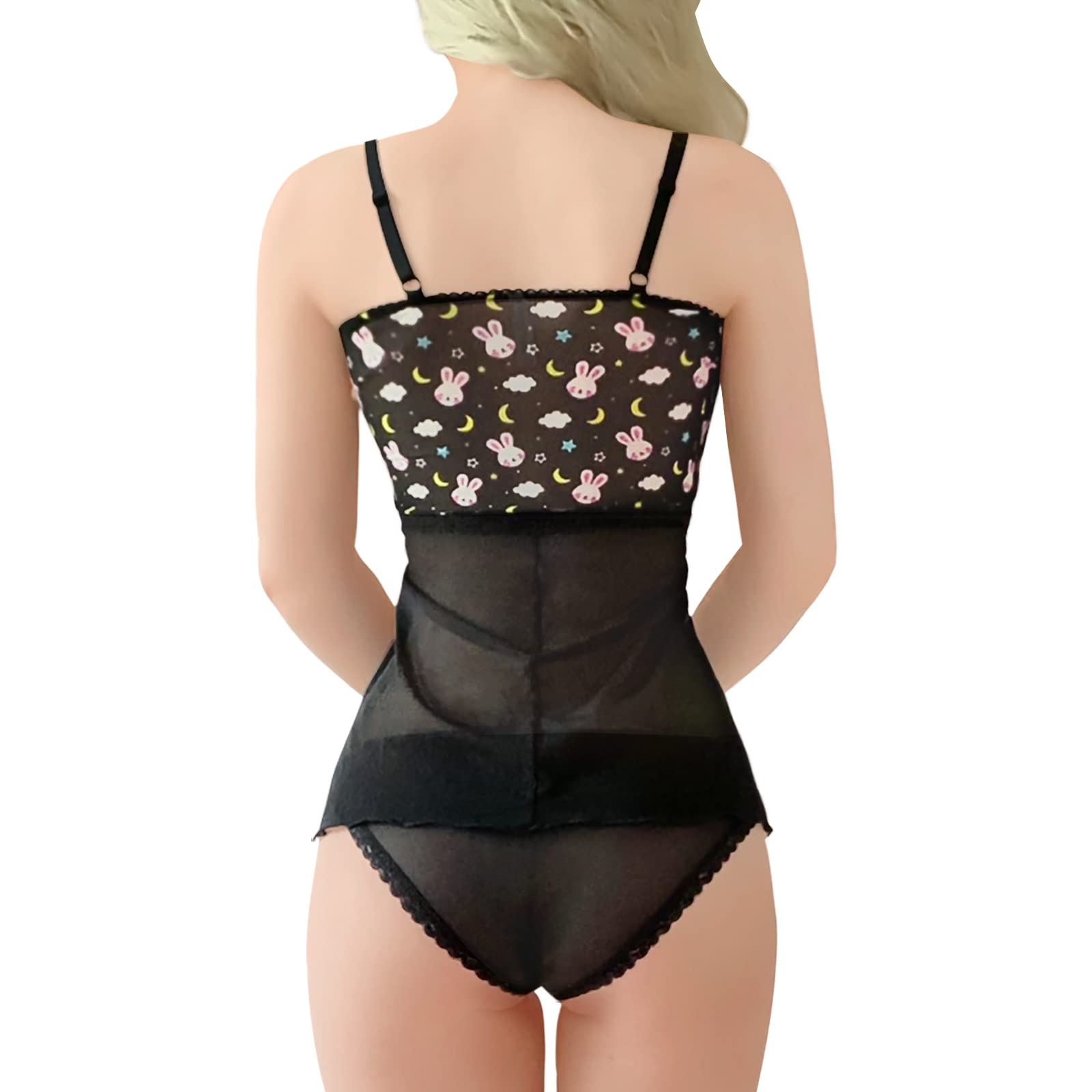 Littleforbig Women Nightwear Lace Babydoll Strap Chemise Halter Lingerie V Neck Sleepwear - Bedtime Bunny Black: Small Black