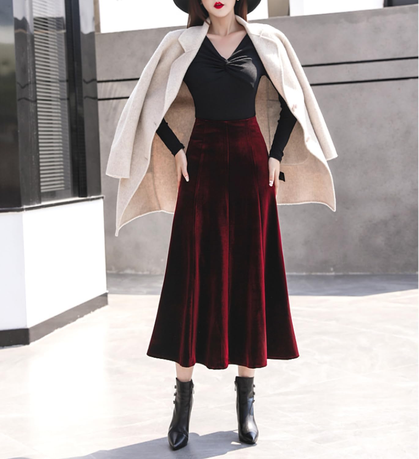 Women's Vintage Velvet High Waist Winter Thicken Pleated A-Line Swing Maxi Skirts - Image 6