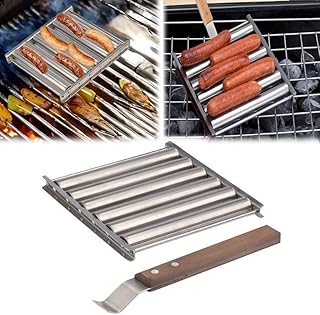 BBQ Hot Dog Roller Grill, Barbecue Sausage Roller Rack, 5 Hot Dog 6 Roller Grill Cooker Warmer with Handle, Stainless Steel Sausage Grill Roller Rack for Hot Dog Sausages (1 Set)
