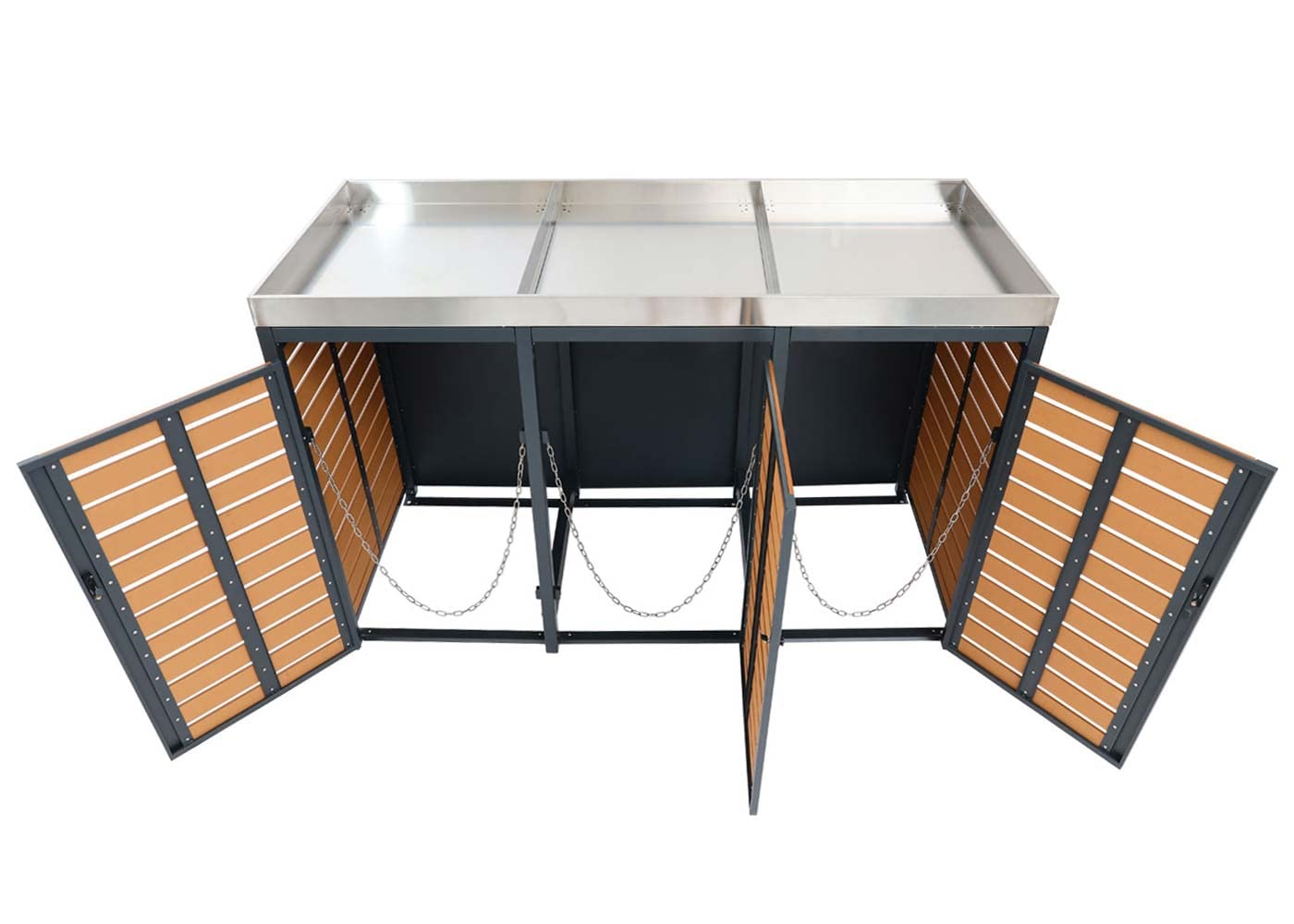 3x copribidoni box spazzatura rifiuti con fioriera HWC-K14 84x200x124cm metallo WPC - teak