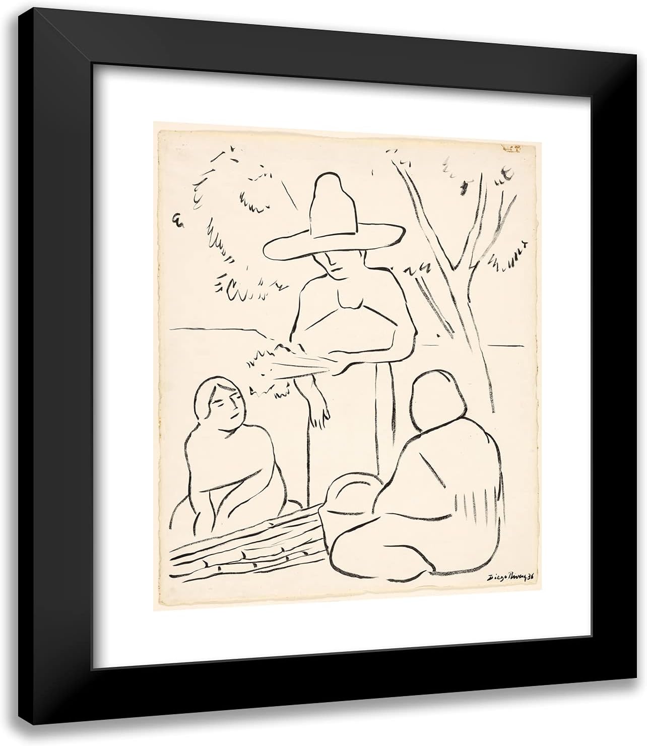 ArtDirect Diego Rivera 20x24 Black Modern Framed and Double Matted Art Print Titled Three Women Beneath a Tree