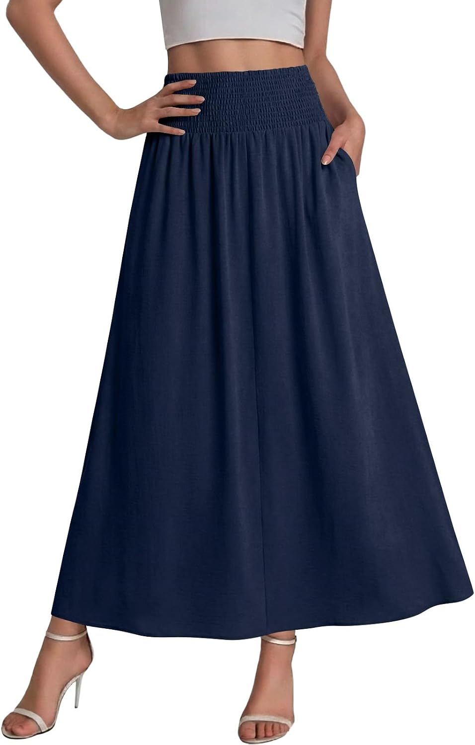 Women's Boho Maxi Skirt with Pockets Elastic High Waist Smocked Flowy A-Line Long Skirts Summer Vacation Outfits