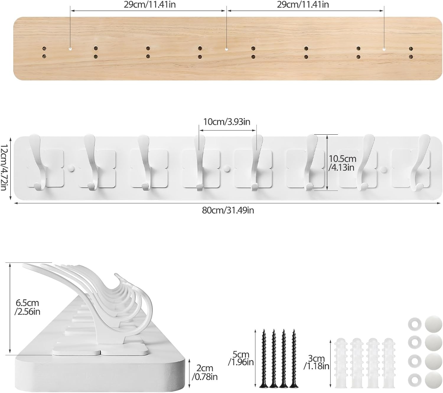 coat rack wall mounted,wooden wall coat rack with 8 double hooks for hanging clothes,coats,hats,jackets,31.5inch (white, 8 hooks)