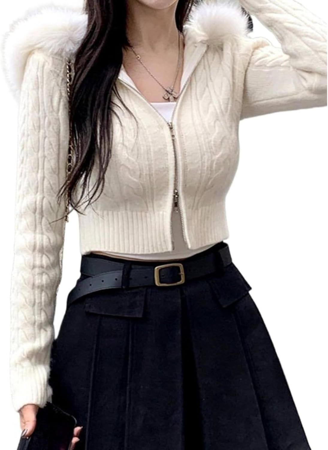 Women's Zip Up Cable Knit Cardigan Sweaters Long Sleeve Crop Tops Cute Y2K Fall Winter Outfits with Fur Collar