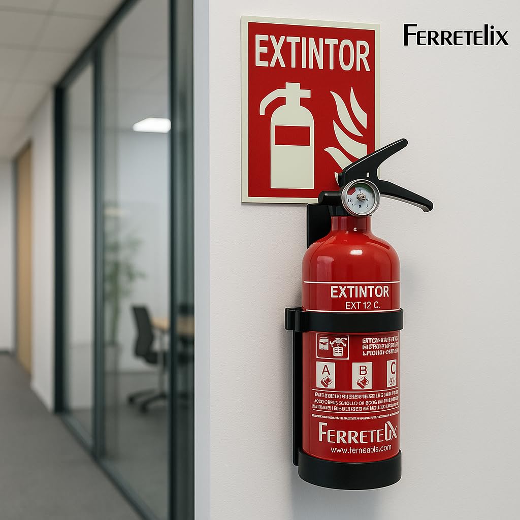 FERRETELIX® Extintor de 1 kg ABC + Cartel Fotoluminiscente 31x20 cm Homologado + Soporte de Montaje – FABRICADO EN 2026 Para Coche, Hogar, Oficina, Caravana, Barco o Barbacoa