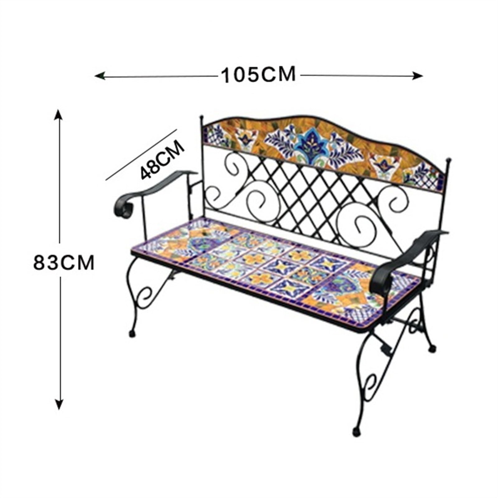 Panchina da giardino Panca da esterno, panca da giardino doppia da 41,3 pollici, struttura in metallo e sedili in ceramica dipinti a mano Panchina esterna
