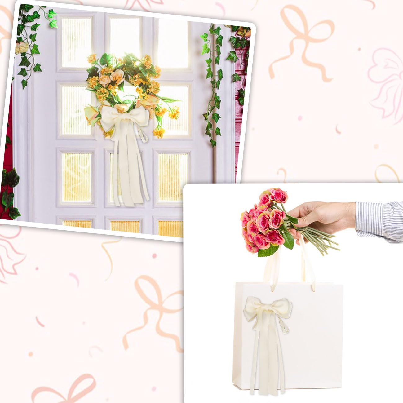 10 Pcs Lazos Dobles de satén para Coches Boda, Lazos Decorativos Envolver Regalos, Manualidades, Bolsas Caramelos, árboles Navidad, decoración Bodas, decoración mesas, Beige