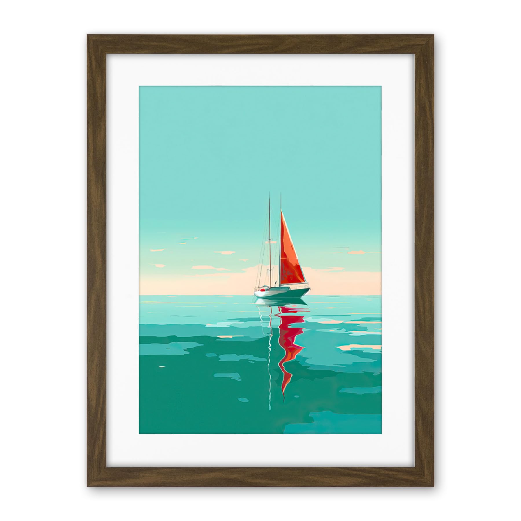 Artery8 A Sailboat with a Red Sail Sailing on a Calm Sea Artwork Framed Wall Art Print 18X24 Inch