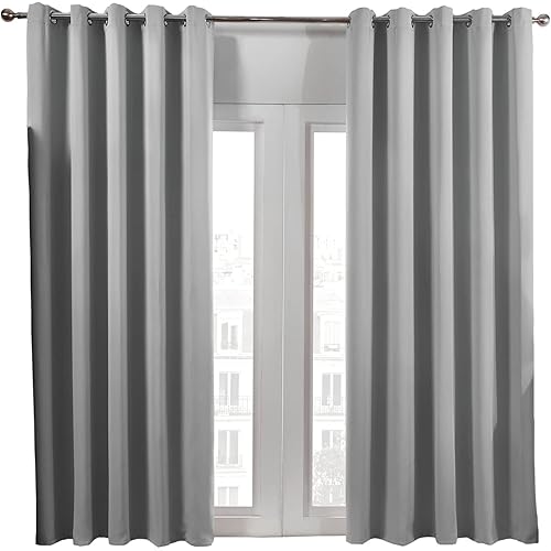 Dreamscene Eyelet Blackout Curtains for Bedroom Living Room Windows 2 Panels Thermal Ring Top Window Treatment Panels - Silver Grey, Width 52" x Drop 84"