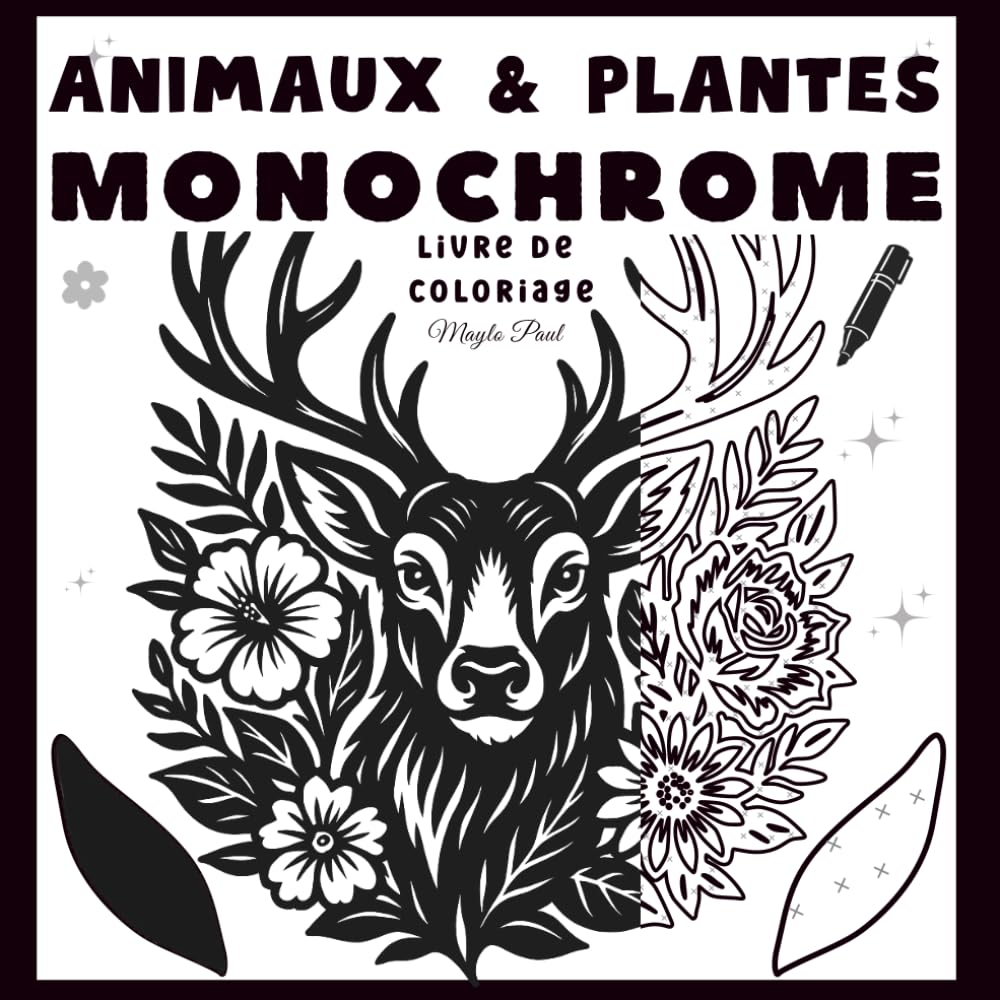 Animaux et Plantes - Livre de Coloriage Monochrome: Scenes Animales et Fleurs cosy pour se Détendre avec un seul feutre noir — Pour Adultes et Adolescents