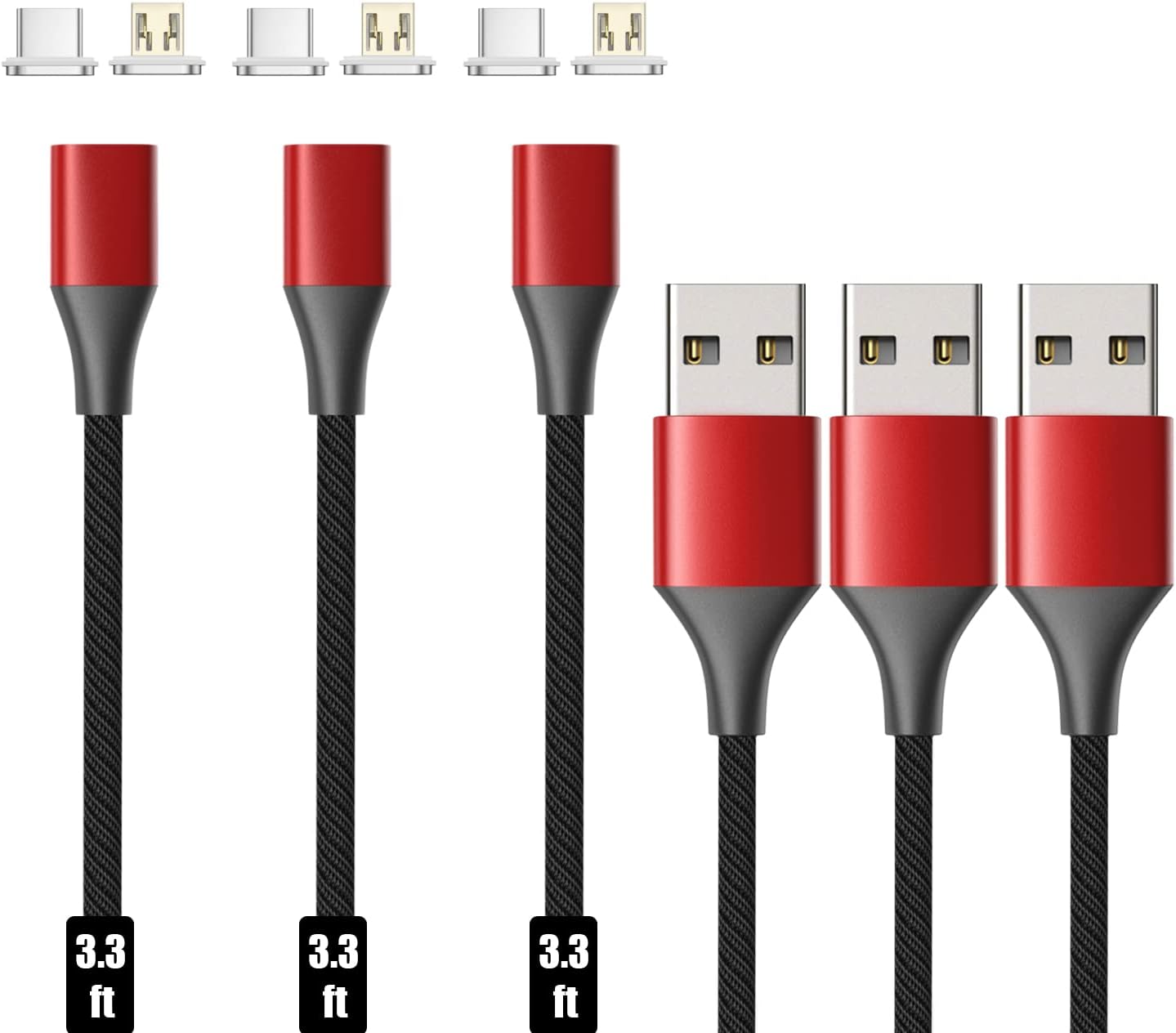 N. NETDOT Magnetic Charging Cable, Gen10 Nylon Braided 2-in-1 Magnetic Phone Charger Compatible with USB-C and Micro-USB Devices (3.3ft/3 Pack red)