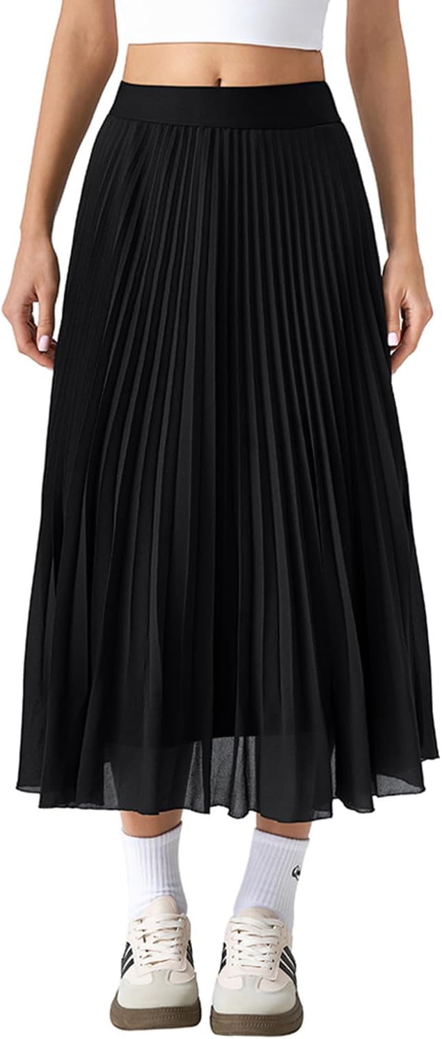 QINSEN Women's Elegant Flowy Pleated Chiffon Skirts A-line Swing Midi Skirts Elastic Waist Soft Linging