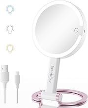 Beautifve Magnifying Mirror with Light, 10X/1X Double-Sided Cosmetic Mirror with Lighting, Dimmable Touch Makeup Mirror, Removable Base Travel Mirror for Handheld, Hanging, Table Top