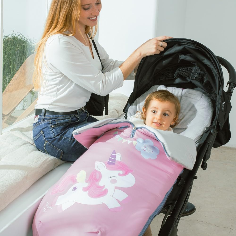 Sacco Passeggino Invernale Universale Interbaby | Copri Passeggino Universale Morbida | Sacco Termico per Ovetto Rimovibile, Doppia Apertura, Facile da Lavare, Materiali Anallergici, Unicorno Rosa