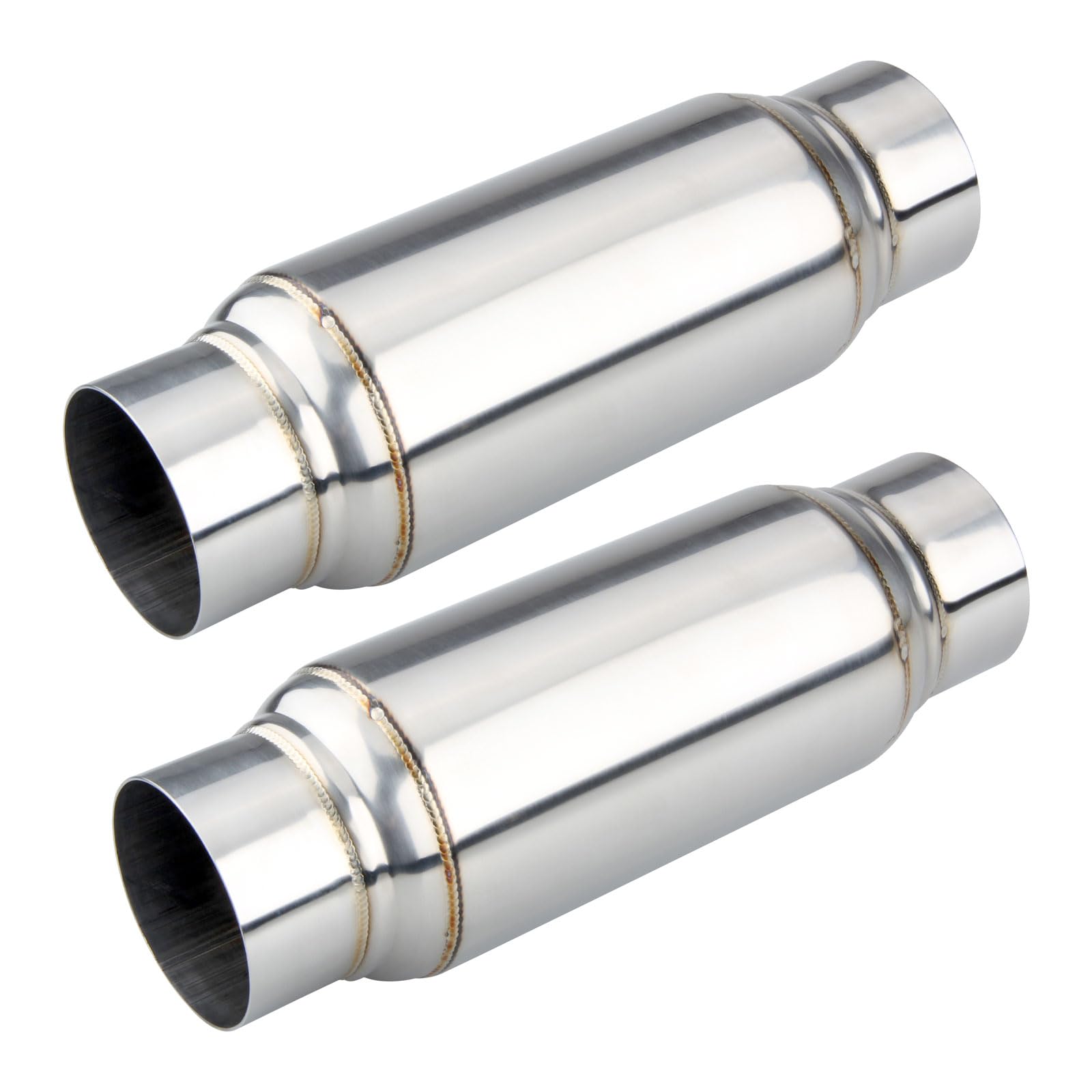 LCGP 3" Inlet Universal Resonator, 3" Outlet 12" Overall Length Stainless Steel Performance Muffler, Polished, Straight Through Design, Deep Tone 2pcs