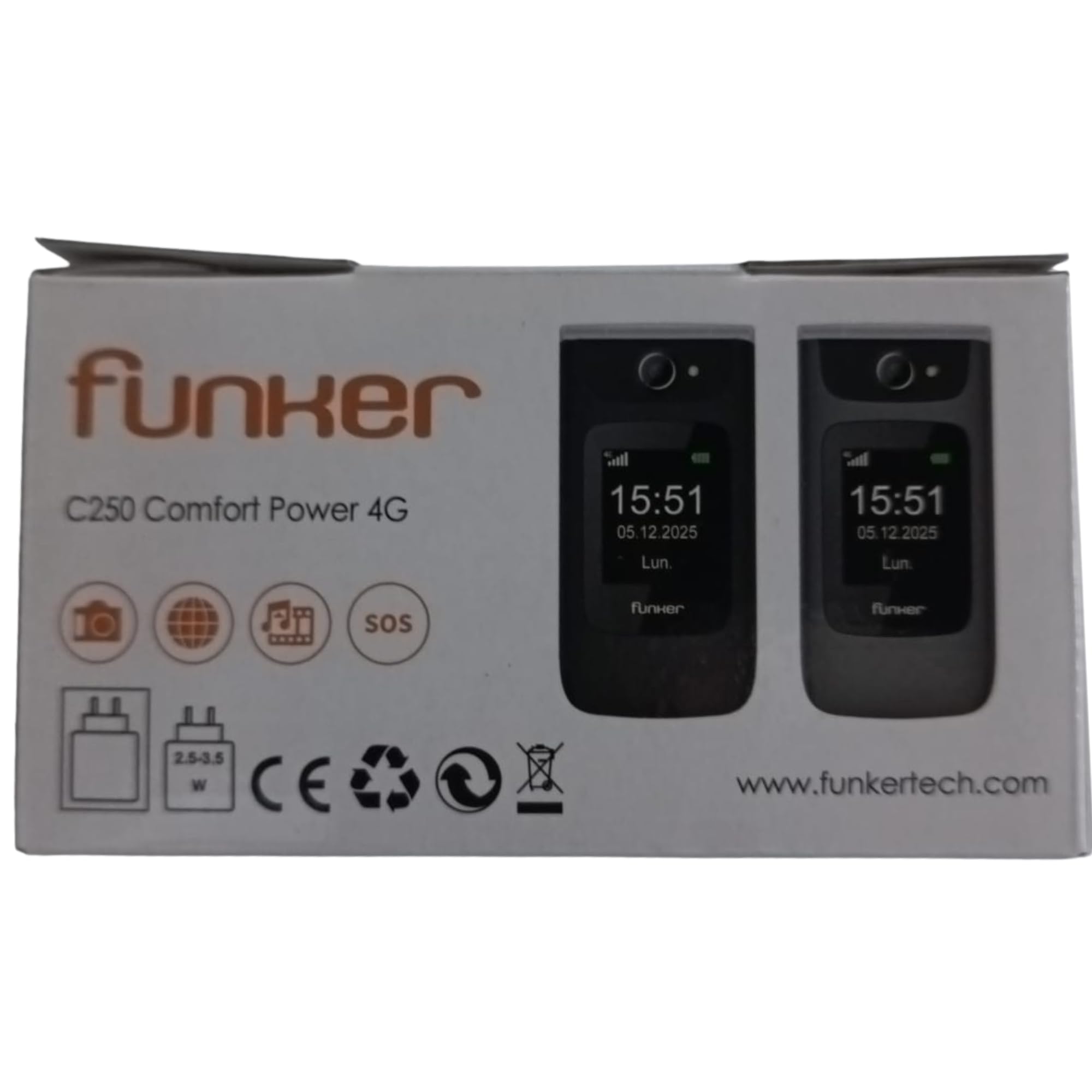 Funker C250 Comfort Power 4G - Teléfono Móvil de Tapa para Mayores, Base de Carga, Teclado de Alto Contraste, Botón SOS, Fácil de Usar, 3 Memorias Directas, Batería de 1450 mAh, Negro