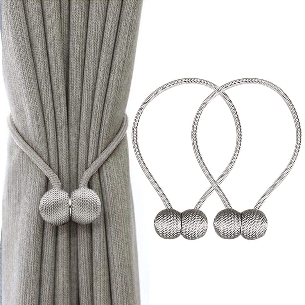 AMERTEER Window Curtain Tiebacks Clips [1 Pair] Strong Magnetic Tie Band Home Office Decorative Drapes Weave Holdbacks Holders European Style (Silver)
