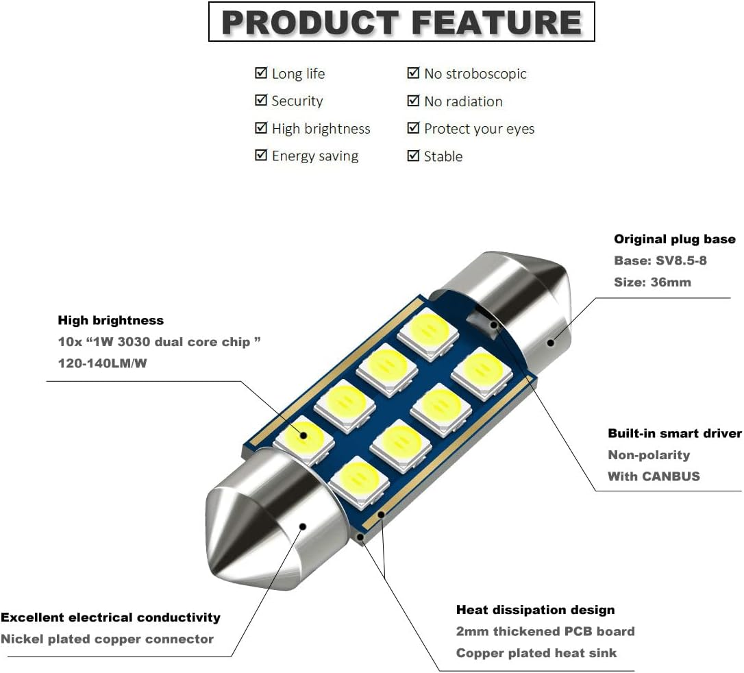 White 36mm Festoon 6418 Bulb Car LED Interior Map Dome Light image 3