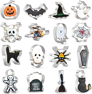 KAISHANE Halloween Cookie Cutters Set 16 Pieces Halloween Biscuit Cutters Shapes - Ghost, Bat, Pumpkin, Cat, Witch, Spide...