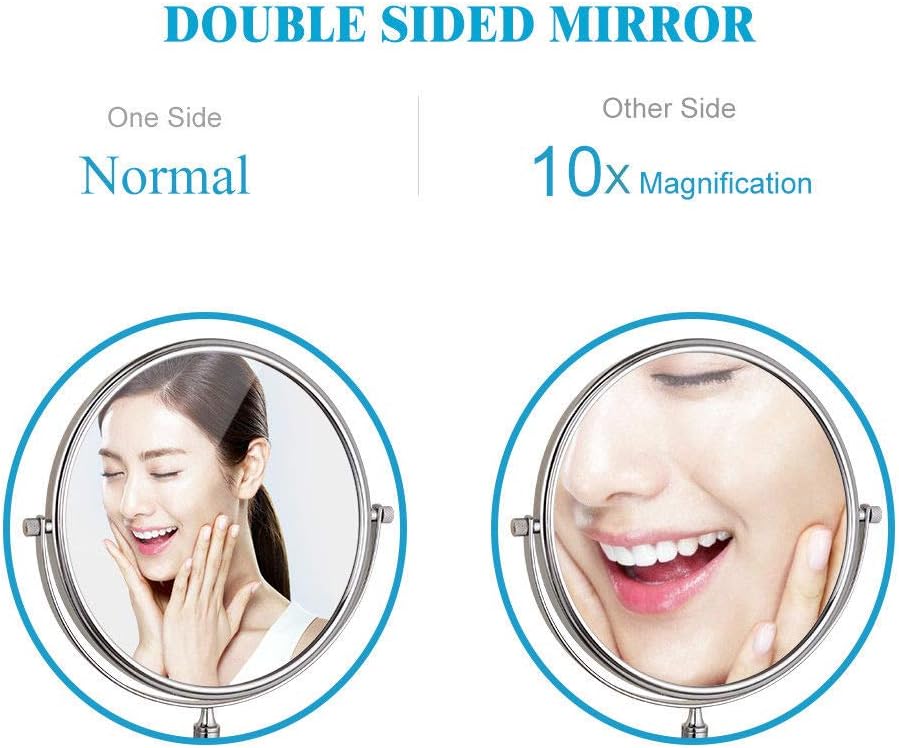 8インチ両面スタンディングメイクアップミラー、倍率＆レギュラープロフェッショナル360&deg;回転真鍮バニティ化粧鏡,Chrome,10X