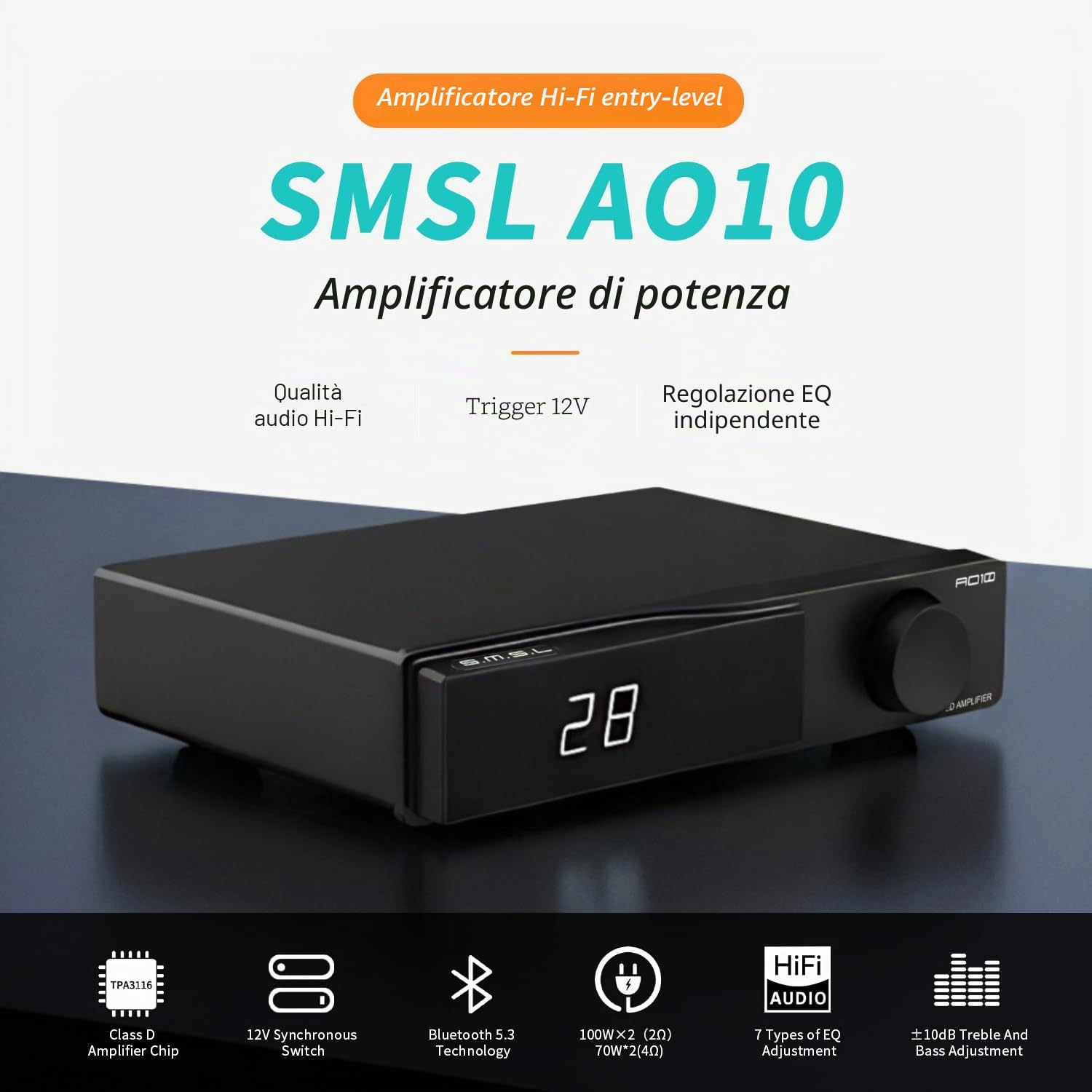 SMSL AO10 Amplificatore HIFI, 2 Canali Amp Stereo, 100W Amplificatori di Potenza Integrata Classe D per Altoparlanti Passivi, Amp da Tavolo per Audio per la Casa con Trigger 12V/Regolazione EQ