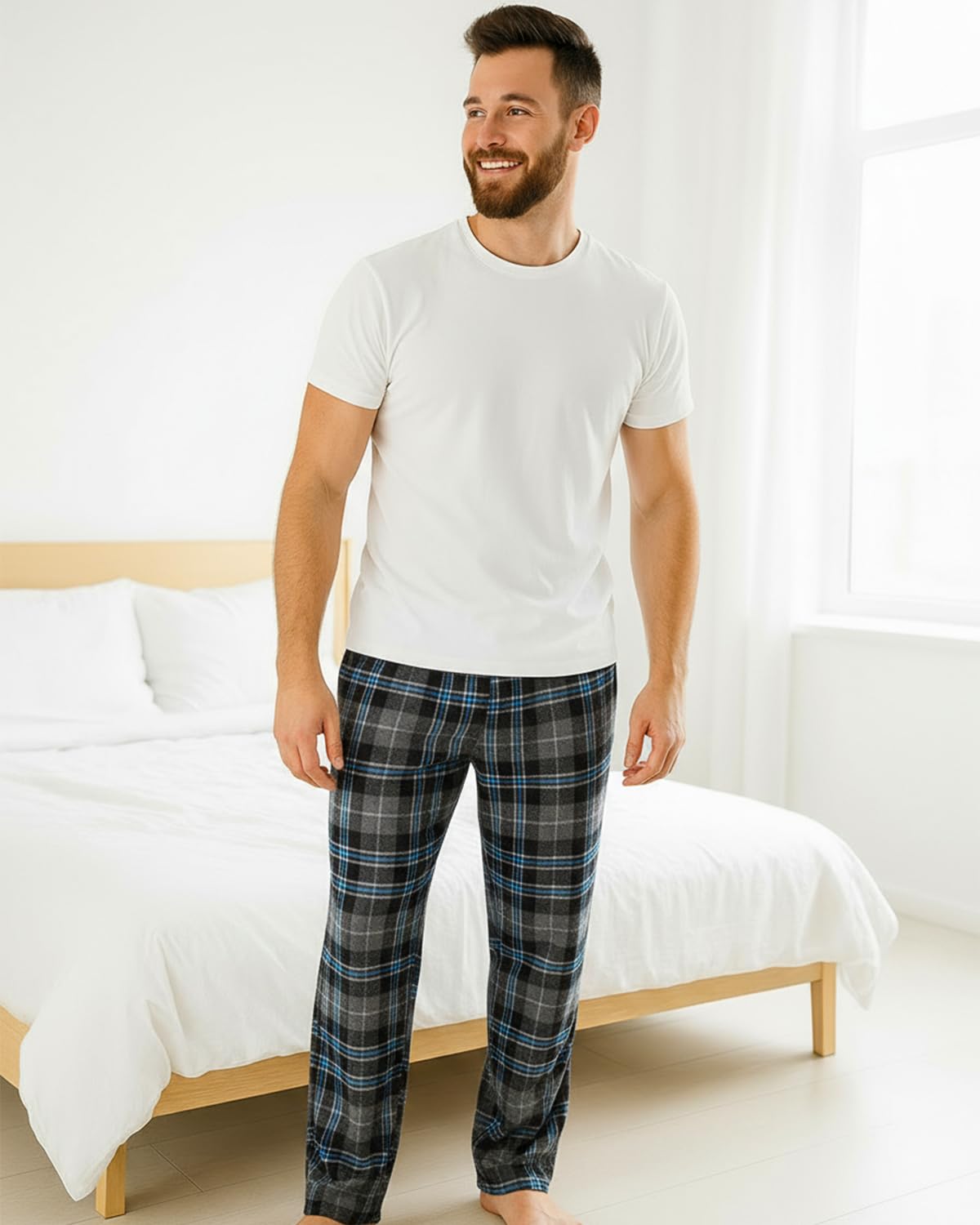 Active Club Men’s Flannel Pajama Pants – Soft Sleep & Lounge Pants with Pockets & Adjustable Drawstring – Plaid Lounge Bottoms (Black Blue Plaid, Large)