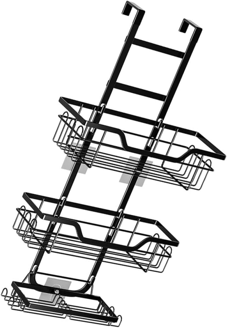 Totority The Door Shower Caddy 3-tier Bathroom Door Organizer Metal Hanging Storage Rack No Drilling Black Wall-mounted Basket for Bathroom Shower