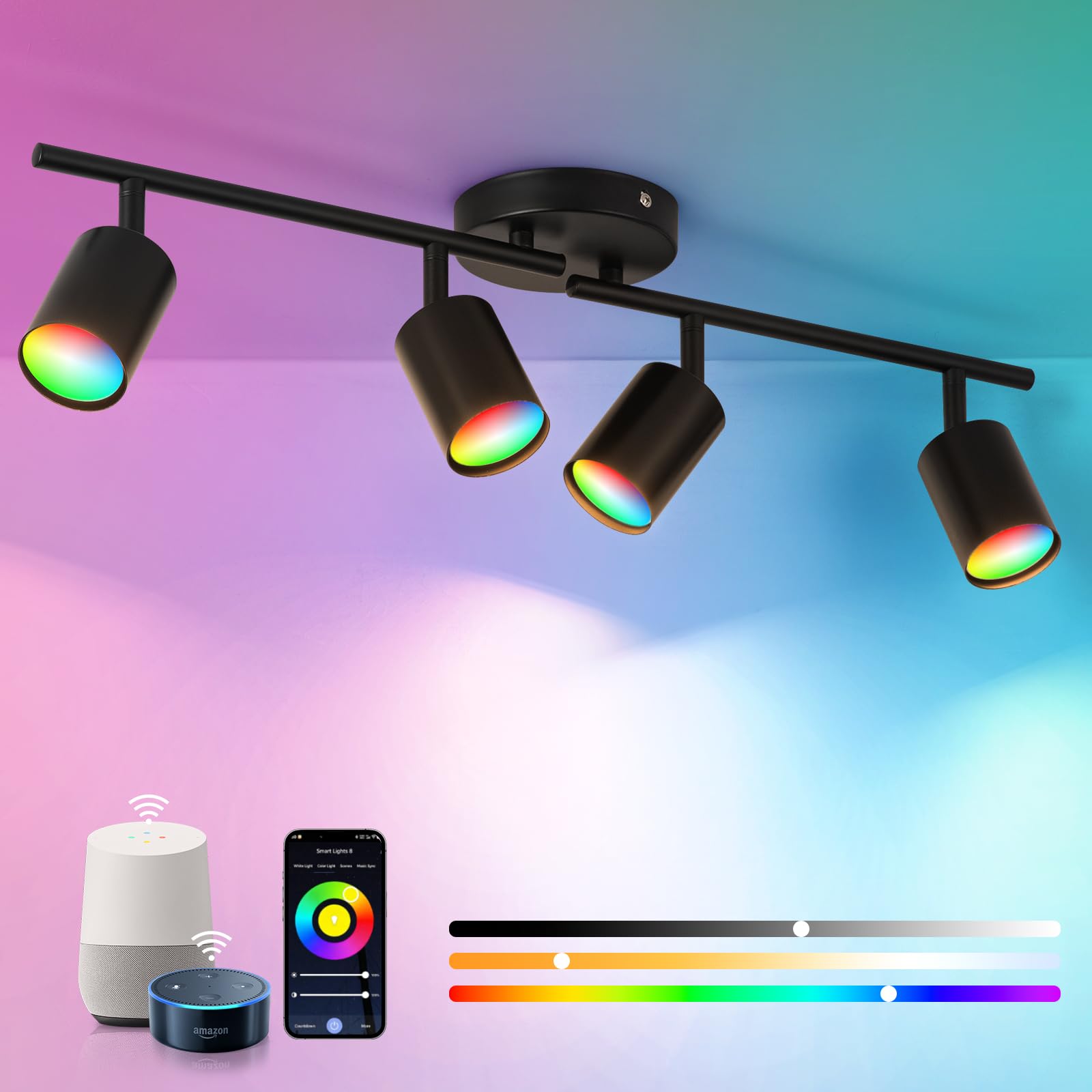 Voice & APP Control, 16 Million Colors, 2700K-6500K Dimmable, Music Sync, Adjustable Heads Smart WiFi 4-Light LED Track Lighting Fixture, RGBW Ceiling Spotlight