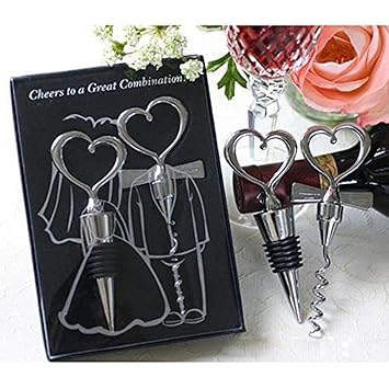Love Heart Shaped Wine Bottle Stopper & Corkscrew Spiral Drill Opener - Silver - 2 in 1 Set in Wedding Favors | Gift Box