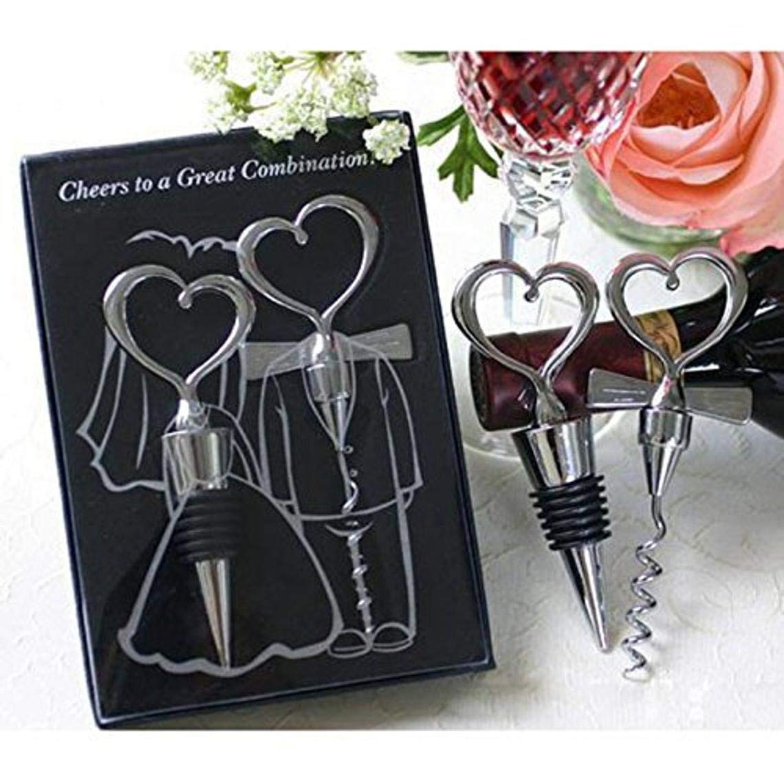 Love Heart Shaped Wine Bottle Stopper & Corkscrew Spiral Drill Opener - Silver - 2 in 1 Set in Wedding Favors | Gift Box