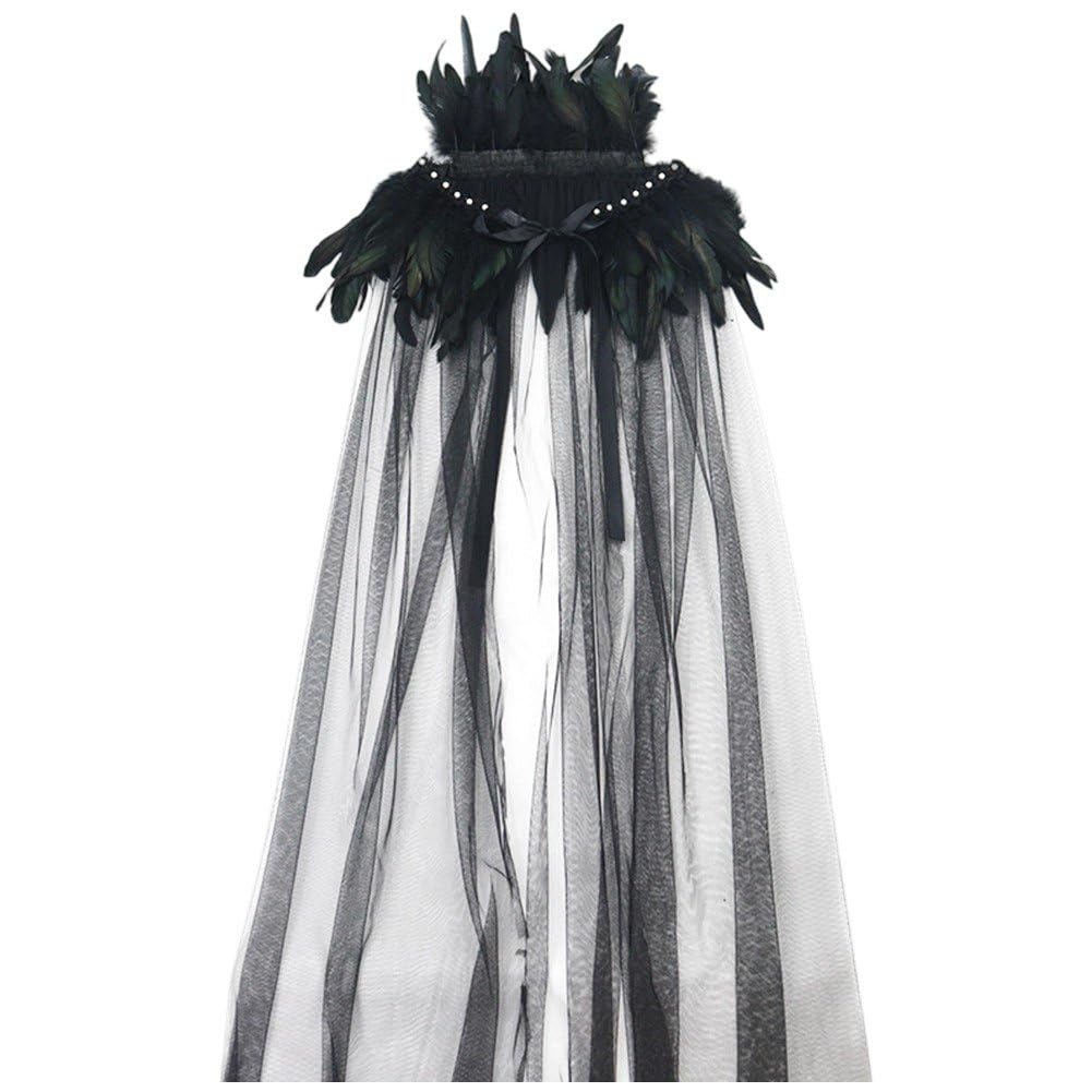 Sslvya Gothic Feather Cloak Tulle Cape with Feather Collar Cloak Witches Cape Halloween Cosplay Costume Props