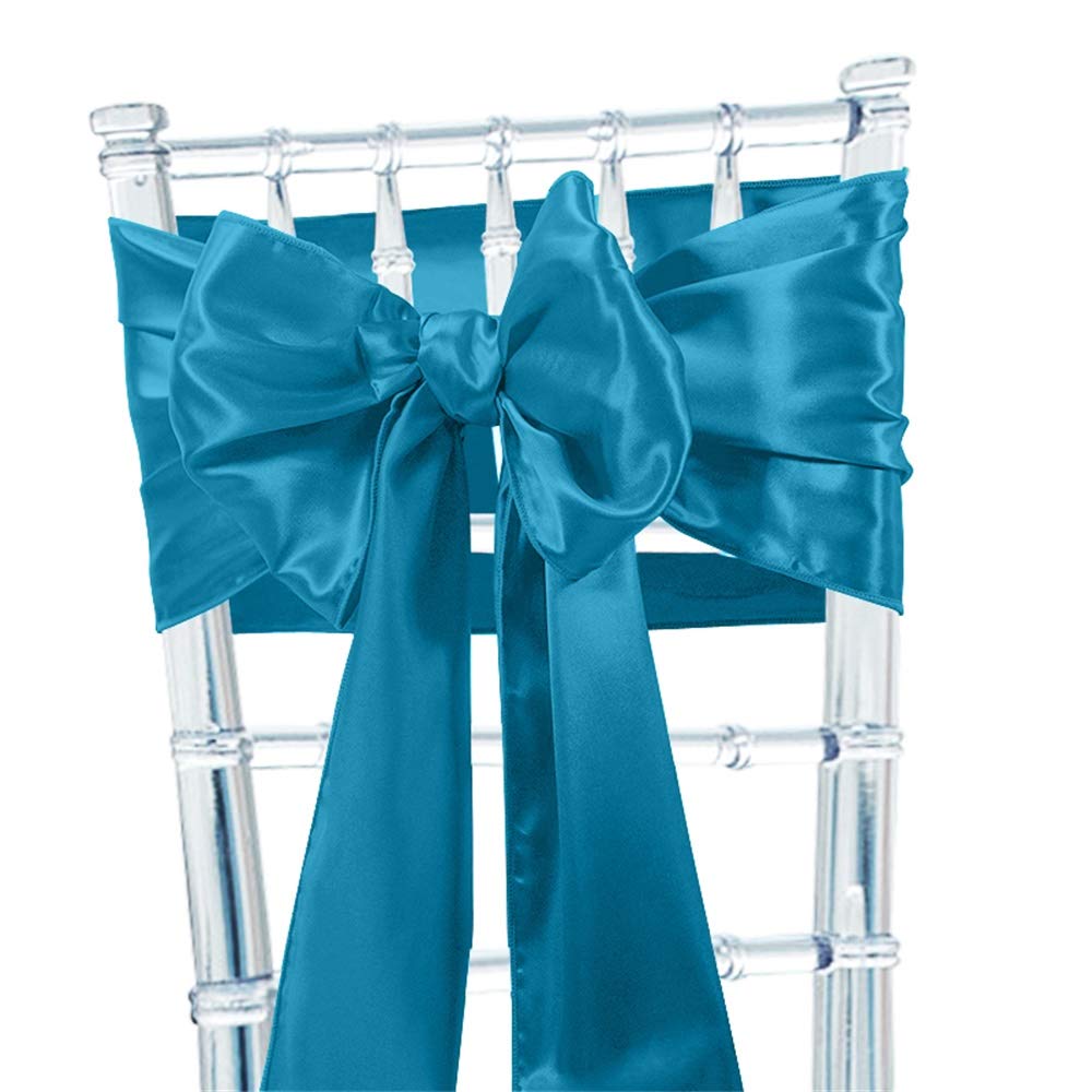 Time to Sparkle 100pcs Satin Chair Cover Sashes Bow Tie Ribbon Table Runner Wedding Reception Decoration - Turquoise — image 1