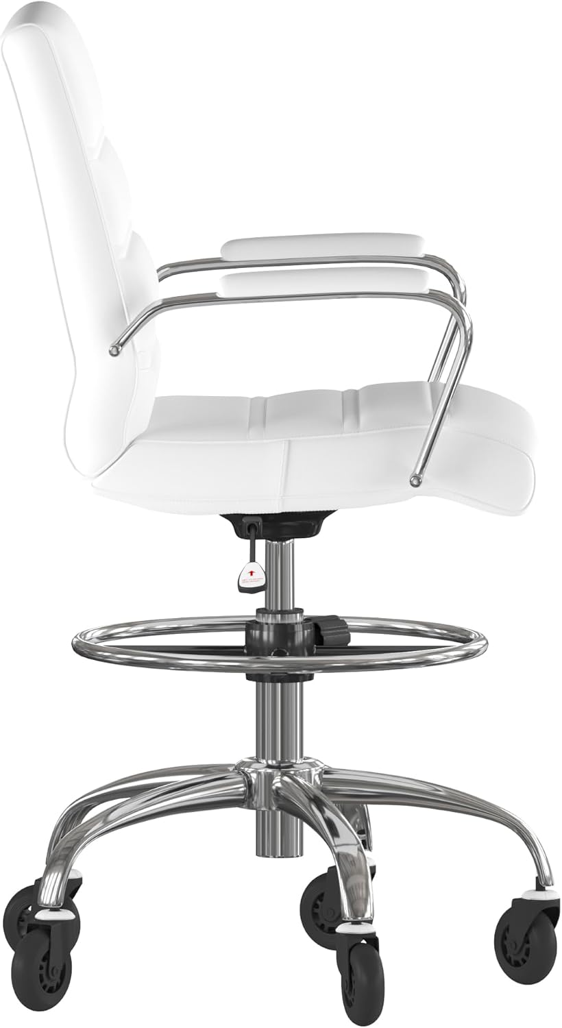 Flash Furniture Lexi Mid-Back Drafting Chair with Adjustable Foot Ring - White LeatherSoft Upholstery - Chrome Base - Roller Wheels