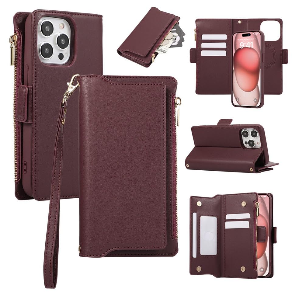 Étui en cuir pour iPhone 15 Pro Max rouge foncé à rabat et protection portefeuille magnétique