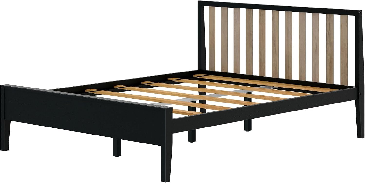 Plank+Beam Modern Solid Wood Queen Bed Frame with Slatted Headboard, Scandinavian Platform Bed with Wood Slat Support, Easy to Assemble, Black/Blonde