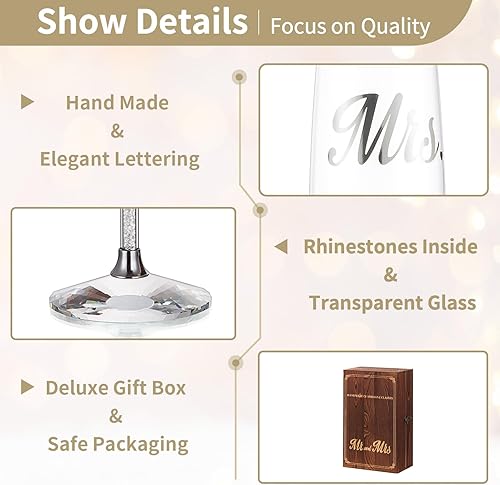 Miniatura 7 de NUPTIO Copas de champán de cristal juego de 2 copas de champán de boda con caja de regalo de madera, flauta de brindis de Mr & Mrs para novia,