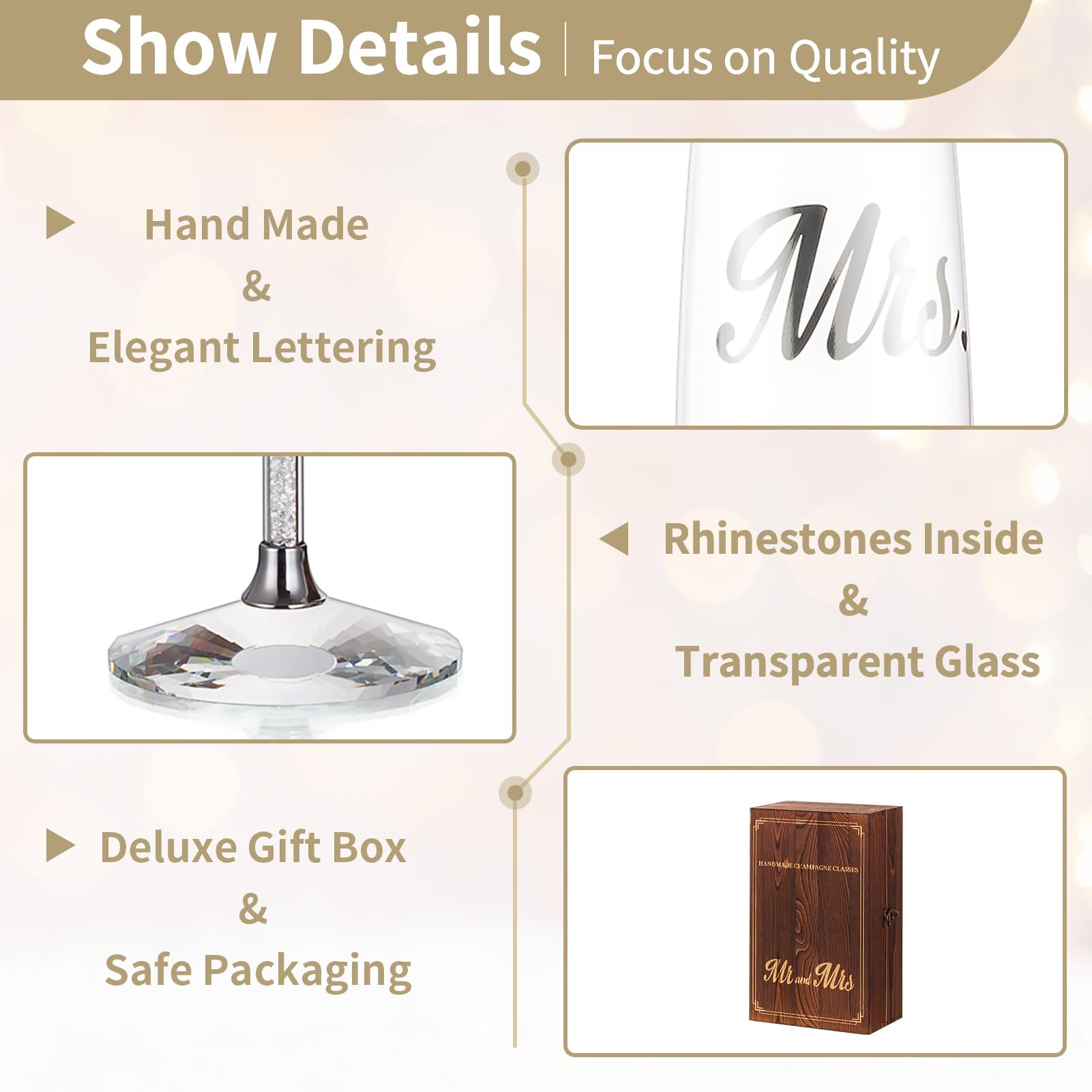 Nuptio Copas Champagne Cristal Boda: Set de 2 Copas de Vino para Boda con Caja Madera - Regalo Señor para Brindis Personalizadas para Novios, Compromiso, 50 Aniversario y Fiesta Cumpleaños