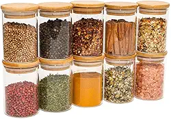 Oikos - Kit 10 Potes de Vidro 250ml com Tampa de Bambu Herméticos Redondos