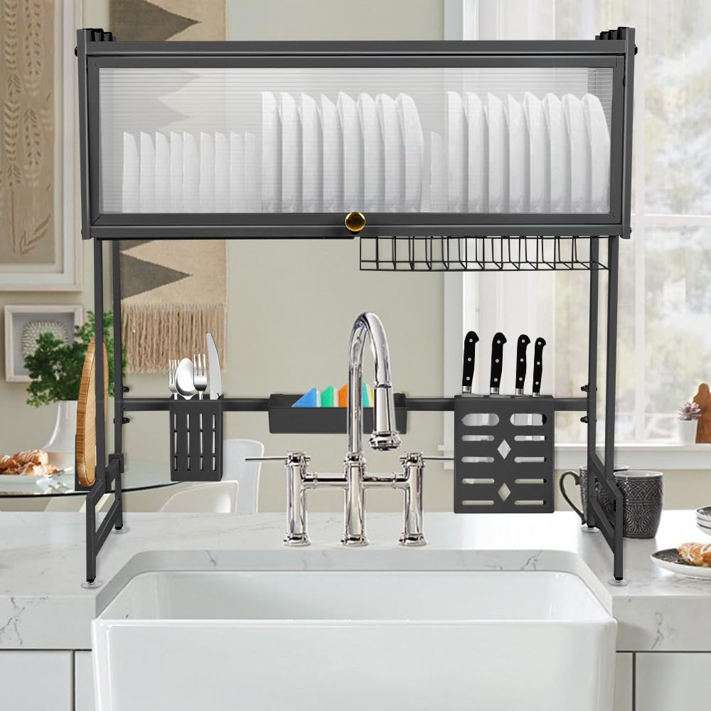3 niveles escurridor de platos encima del fregadero, escurridor de vajilla con 6 ganchos, organizador encimera de cocina, secador de platos de secado rápido (negro 75 x 28 x 77 cm)