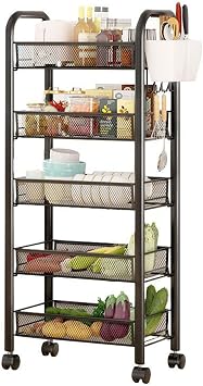 Fruit Vegetable Storage Basket, 5 Tier Stackable Metal Mesh Storage Basket with Wheels,2 Hanging Boxes, Fruit and Vegetable Storage Cart,Produce Organizer Bins for Kitchen, Bathroom Black 5-Layers