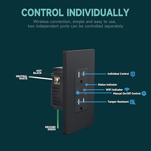 Miniatura 3 de Toma eléctrica inteligente negra, toma Wi-Fi inteligente con control individual, receptáculo de 15 amperios con control remoto, compatible con