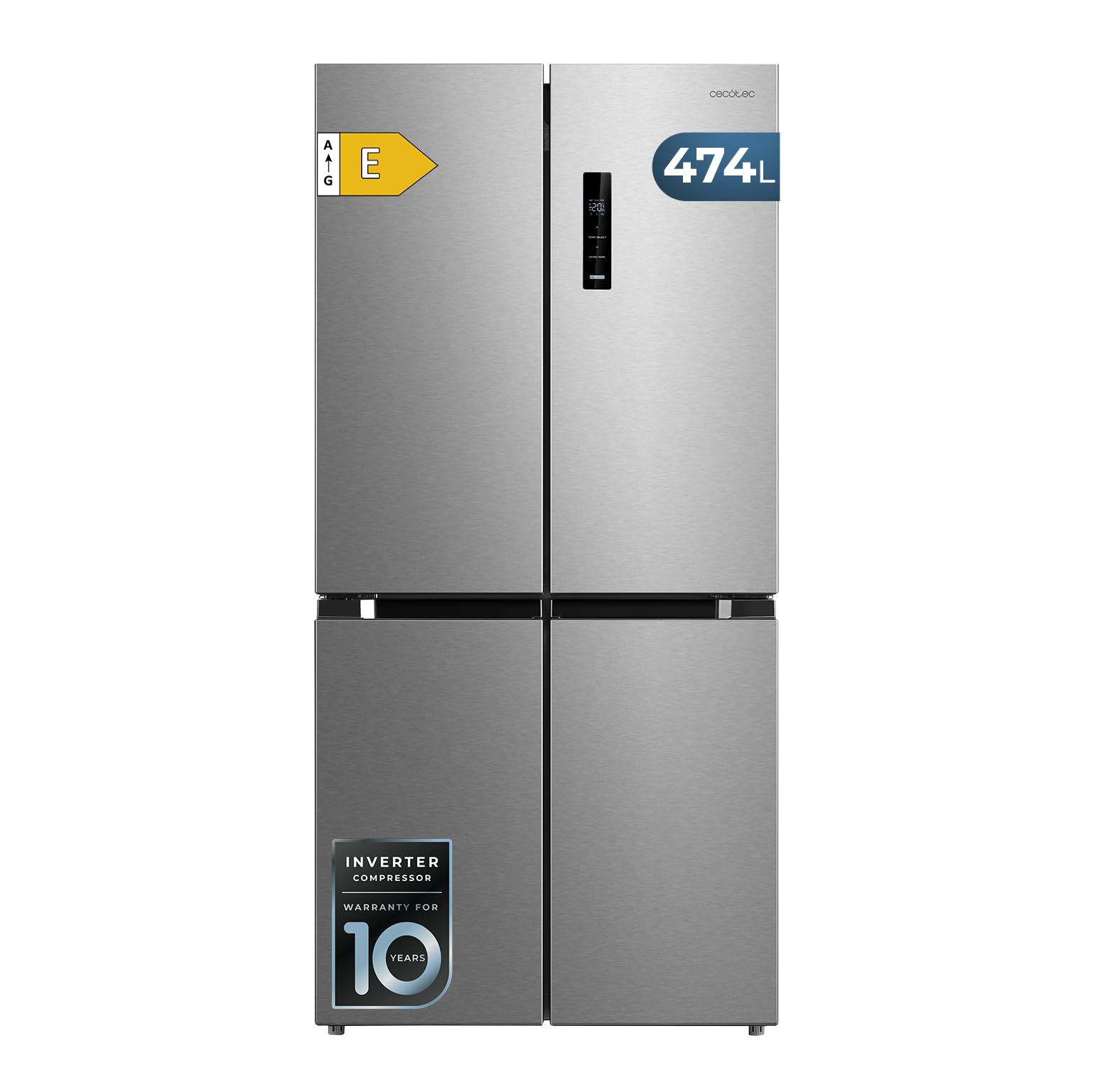 Cecotec Frigorífico 4 Puertas Total No Frost de 474L Bolero CoolMarket 4D 474 Inox E.177,​5cm de Alto, 83,​3 cm de Ancho, Clase E, Ultra Silencioso, Iluminación LED, Compresor Inverter Plus, Inox