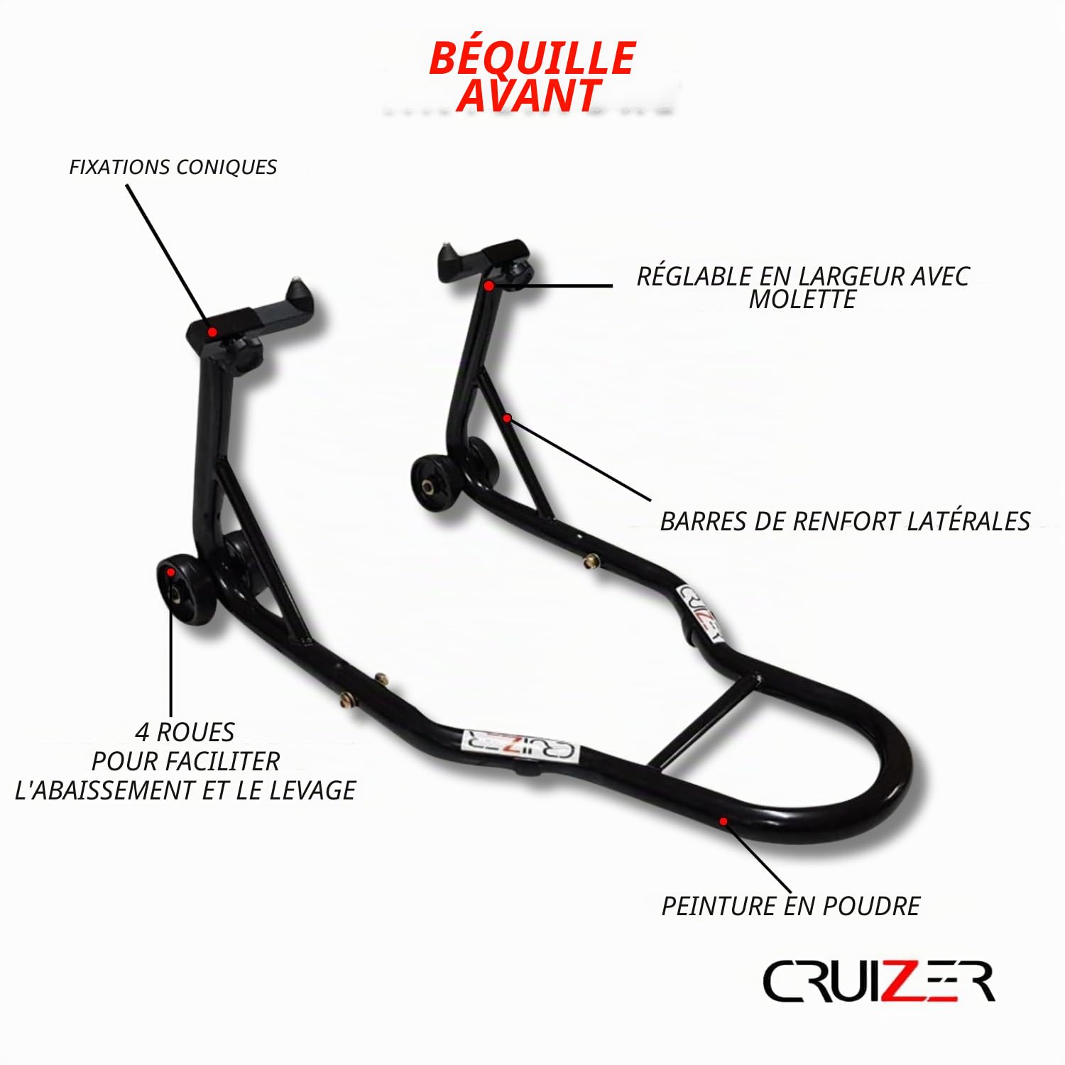 cruizer Béquille avant moto universel, cônes réglables avec curseur, Noir