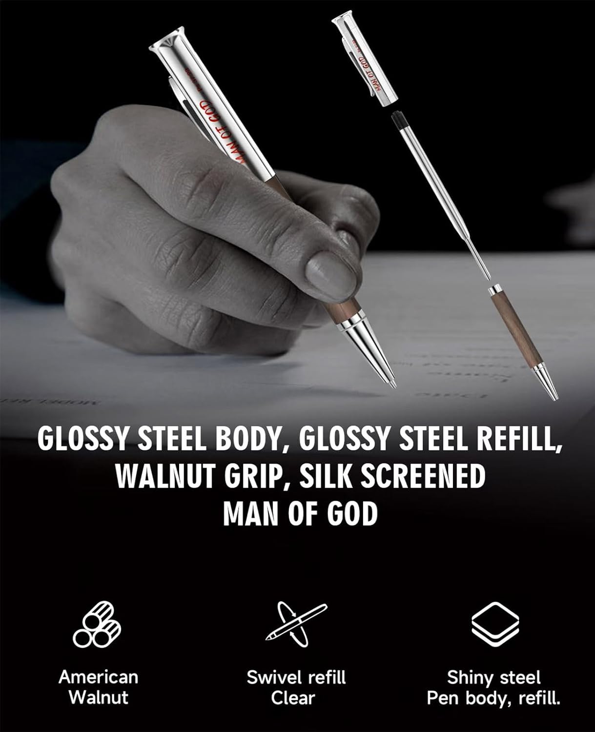 Christian Gifts for Men – Man of God Engraved Walnut Wood Rollerball Pen Set (5 Pack), Each Pen Individually Gift Boxed – Ideal for Pastor, Father’s Day & Graduation