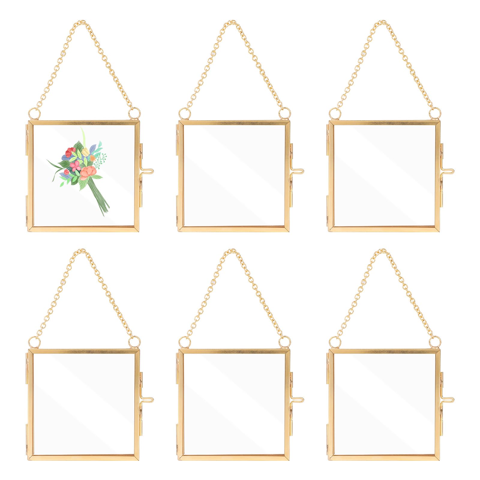 6pcs Small Glass Metal Photo Frame, 7x7cm/2.76x2.76in Double Sided Gold Mini Floating Hanging Tiny Picture Frame for Pressed Flower Artwork Display Wall Vintage Decor Craft DIY Home Ornament
